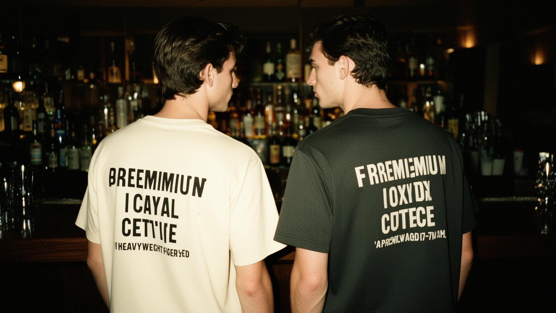 Two people wearing VORNCLOTHING tees at a bar
